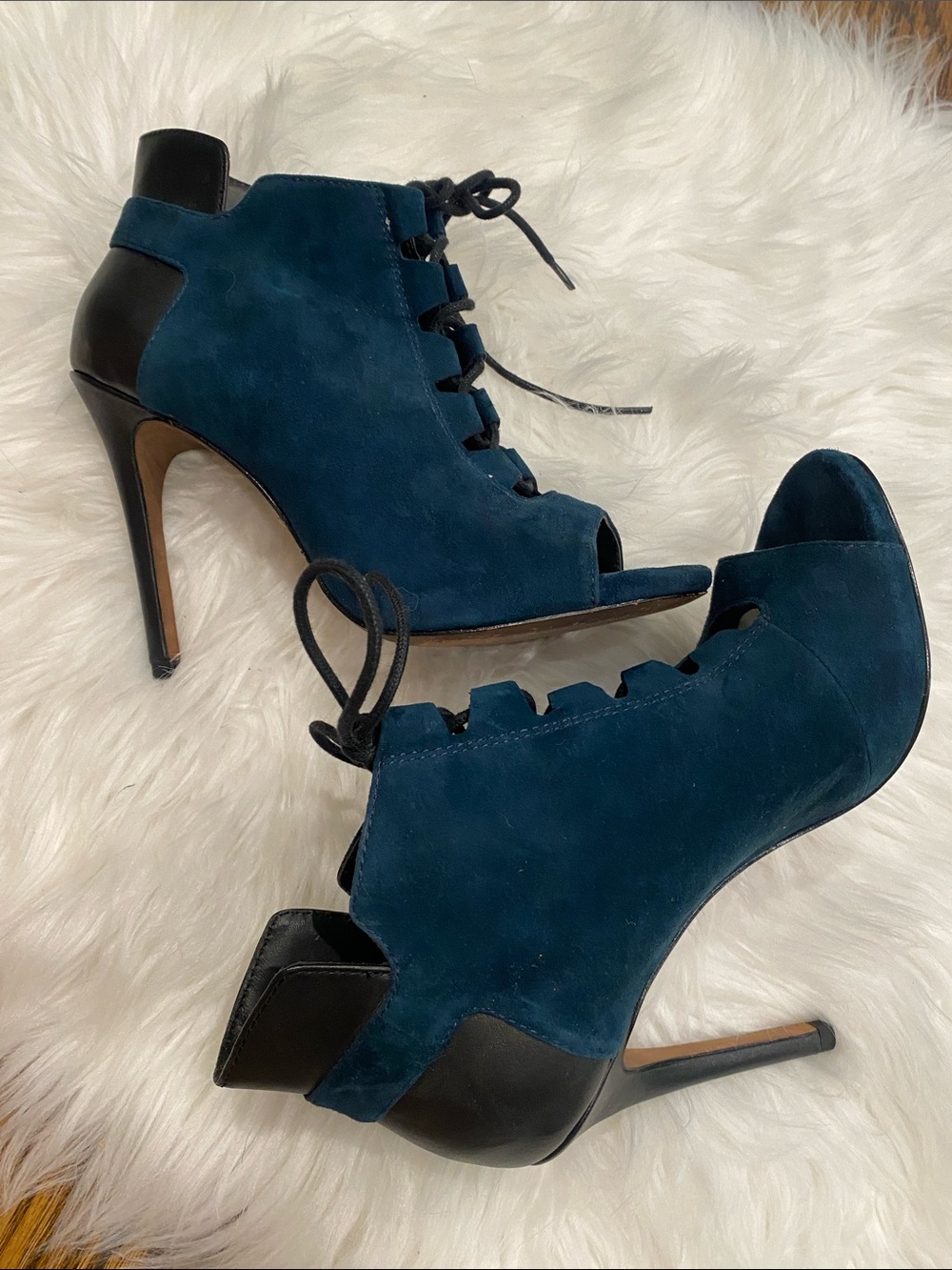 Pour La Victoire Teal Suede Lace-Up Peep Toe Heels with Black Heel